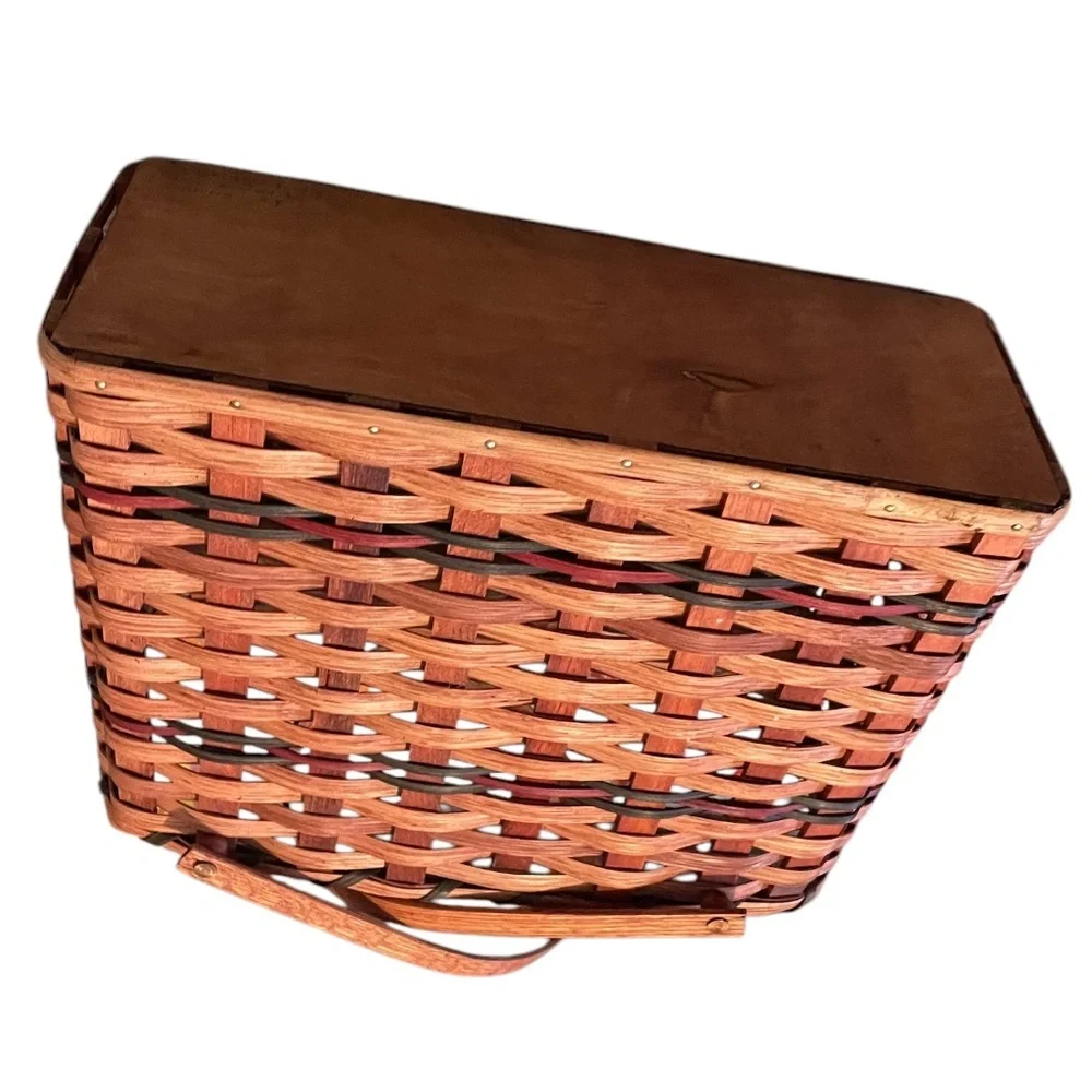NEW Large Hand Crafted‎ Reddish Brown Amish Wood Slat Basket, Bent Wood Handle